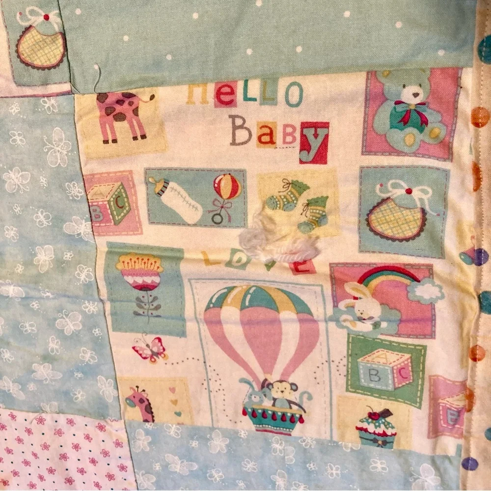 Handmade PASTEL SQUARES Animal Air balloon Baby Throw Blanket Quilt